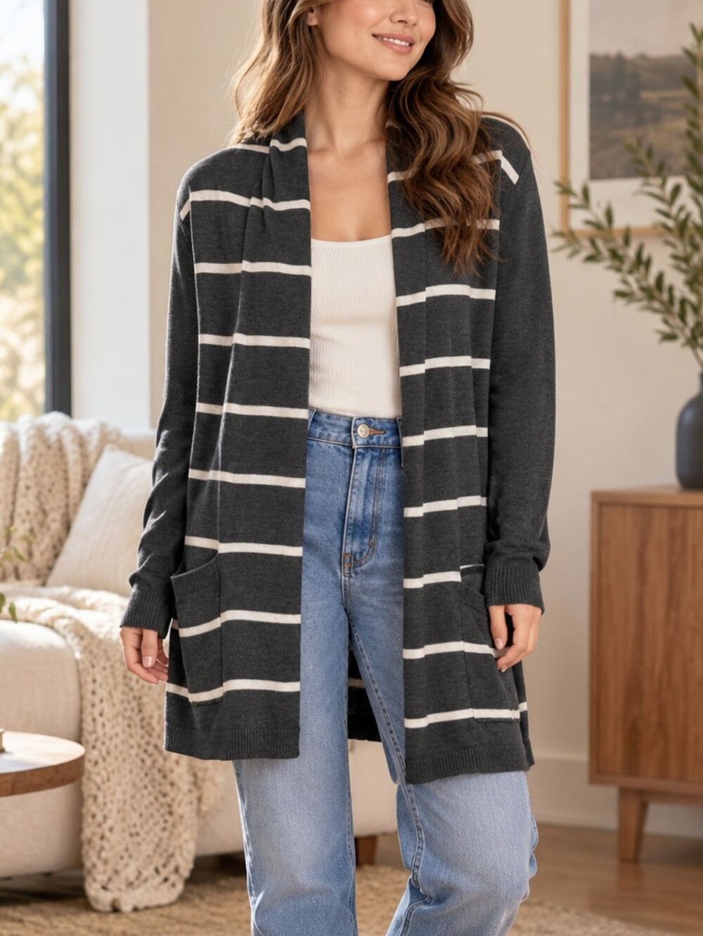 Eddie Bauer Merino Blend Striped Open Front Cardigan Sweater Women's S